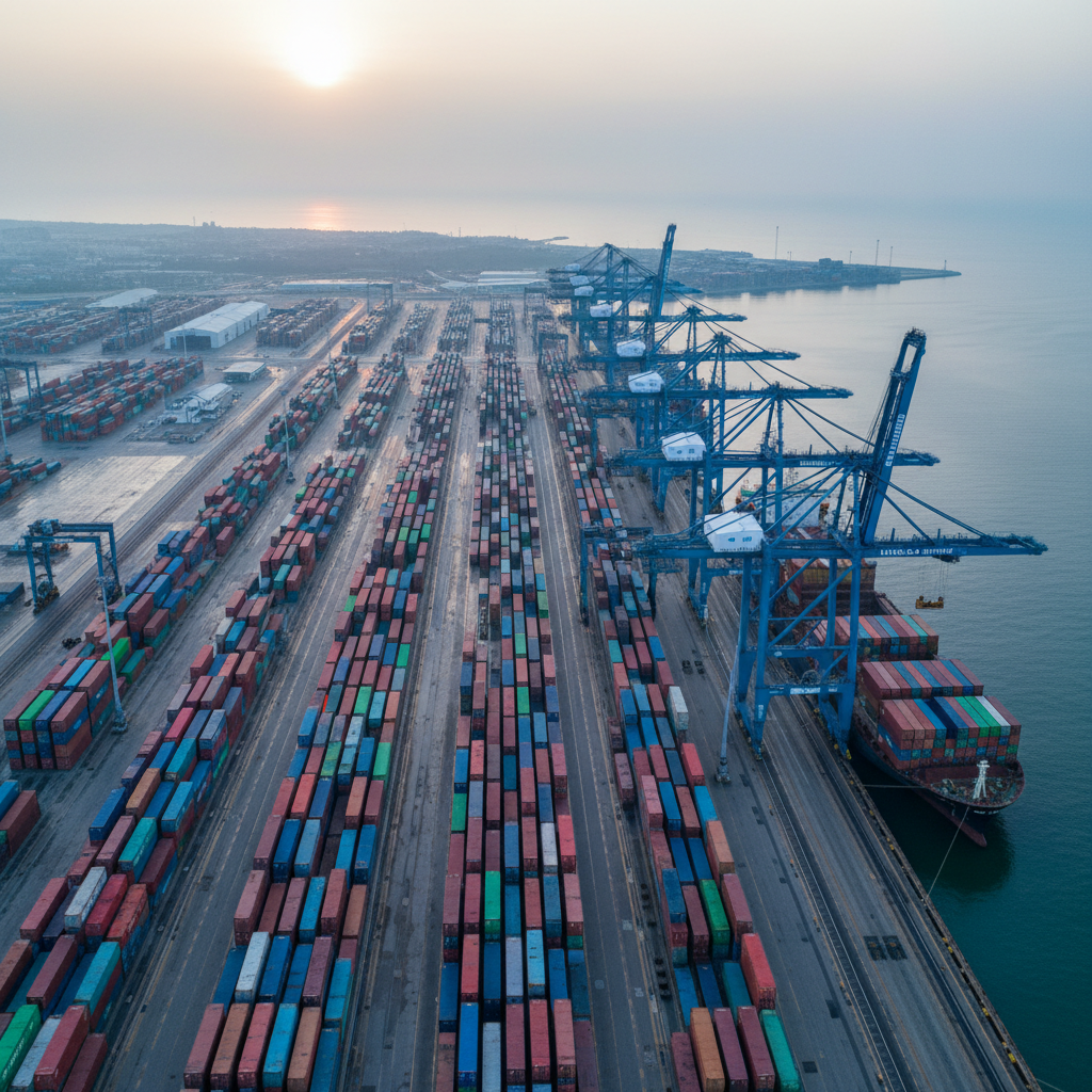 An expansive aerial view of a modern seaport logistics hub at dawn, with neatly aligned rows of colorful shipping containers forming a precise grid pattern beside several deep-water berths. Towering gantry cranes in UNIDO SHIPPING blue stand along the quay, poised over a docked container vessel. Soft, cool morning light casts long shadows, gently illuminating container tops and wet concrete surfaces, creating subtle reflections. The composition uses a bird’s-eye perspective with sharp focus to highlight the organized flow of freight. Light haze over distant water adds depth and scale. The atmosphere is calm yet industrious, communicating efficiency, coordination, and end-to-end supply chain capability in a photographic, clean, professional style.