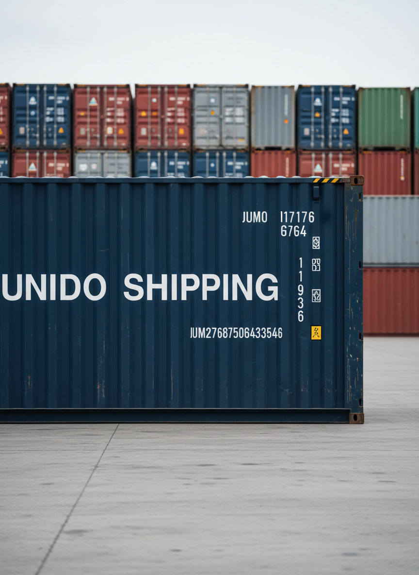 A close-up, side-on view of a pristine UNIDO SHIPPING-branded intermodal container, its deep navy-blue corrugated steel walls showing fine texture and subtle weathering, positioned on a smooth concrete terminal surface. The crisp white logo and tracking codes are clearly visible, conveying precision and professionalism. Behind it, more containers fade into a soft bokeh, hinting at a large, organized yard without distraction. Overcast daylight creates diffused, shadow-free lighting, perfect for showcasing clean lines and accurate colors. The composition is minimalist, using rule of thirds to place the primary container slightly off-center. Photographic realism with a modern, corporate aesthetic, emphasizing reliability, standardization, and the building blocks of global freight forwarding.