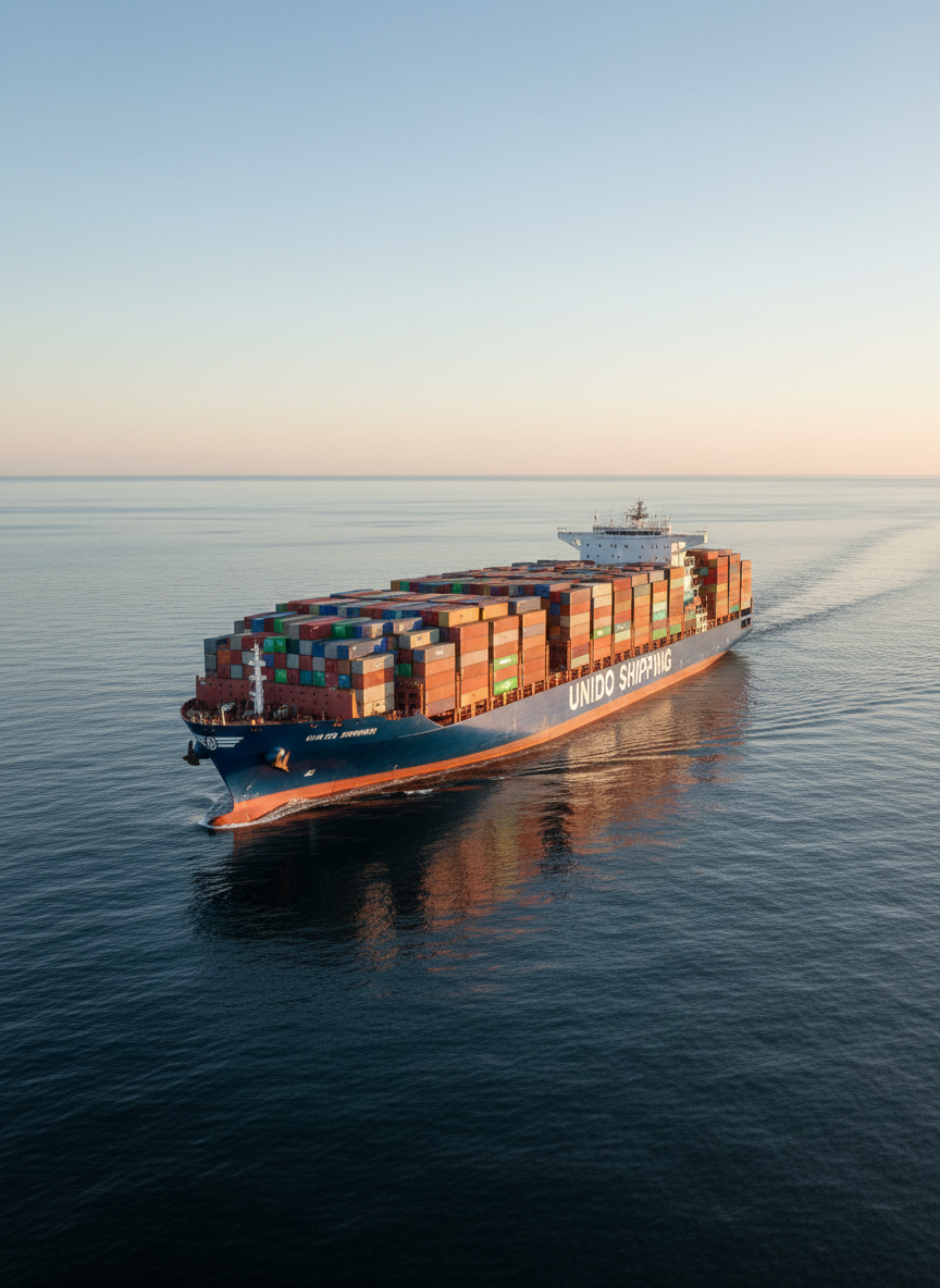A massive deep-blue container ship bearing the subtle logo of “UNIDO SHIPPING” glides across a calm open ocean, its stacked multicolored cargo containers forming precise geometric rows along the deck. The vessel is centered in frame, shot from a slightly elevated eye-level perspective, with the vast horizon and a clear, pale-blue sky stretching behind it. Late afternoon sunlight creates crisp reflections on the water and gentle highlights along the ship’s hull, emphasizing its scale and solidity. The mood is professional and confident, suggesting reliability and global reach. Photographic realism, sharp focus throughout, clean and modern aesthetic, with no land or human presence, only the ship and sea conveying pure, focused freight forwarding power.